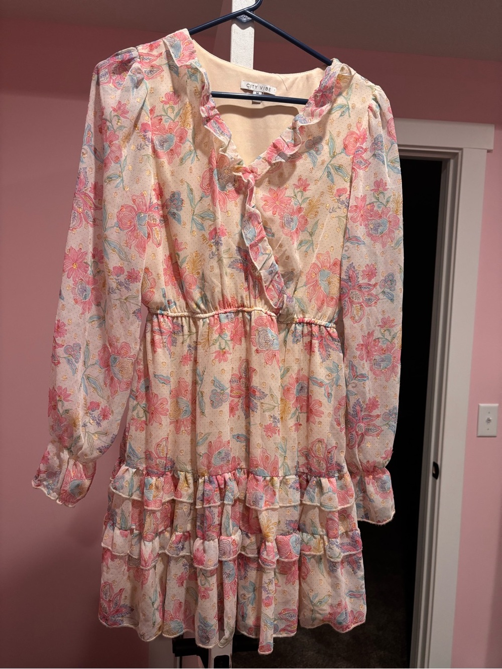 City Studios Pink & Cream Floral Ruffle Tiered Dress